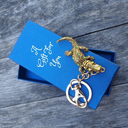 Australian Crocodile Keychain Boxed Gift | Gold Green Stone Crocodile Keyring