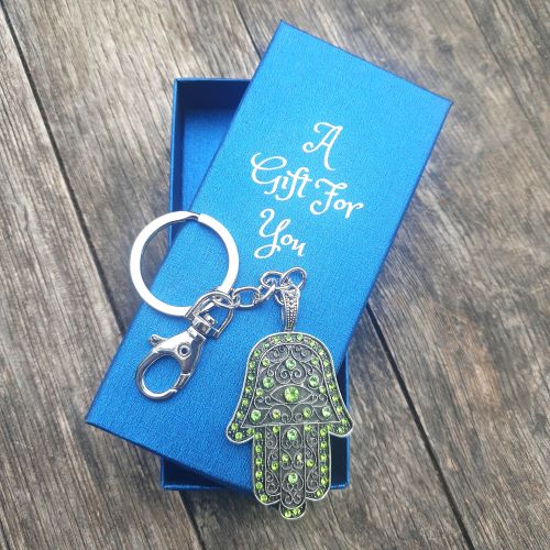 Hand Of Protection Keyring Boxed Gift Hamsa Silver Green