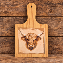 Load image into Gallery viewer, Highlander cow cheese boards decorative kitchen gift small server of cheese and condiments 