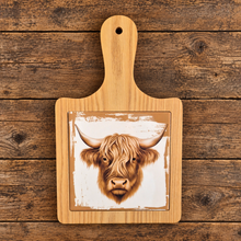 Load image into Gallery viewer, Highlander cow cheese boards decorative kitchen gift small server of cheese and condiments 