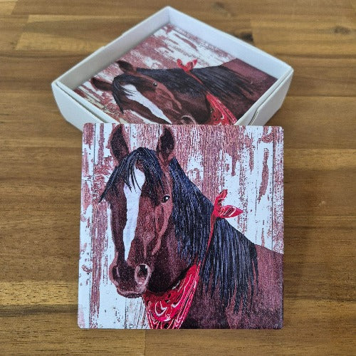 Featuring a charming red scarf-wearing horse design, this set of 4 coasters is perfect for any horse lover.   Protect your surfaces in style while adding a touch of whimsy to your home decor. Give the gift of practicality and cuteness with these adorable horse coasters.