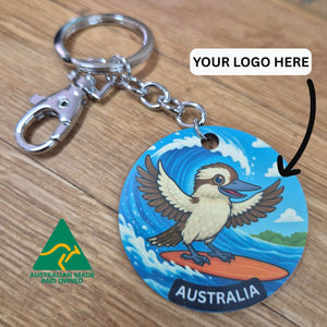 Australian Made Keychain | Australiana Surfing Kookaburra Character | Custom Add Your Logo