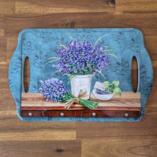 Load image into Gallery viewer, This elegant Lavender Kitchen Serving Tray features a beautiful lavender flower design and double handles for easy carrying. Made of durable ceramic, it is perfect for serving or displaying food and drinks. Enhance your table setting with this functional and stylish tray.  Ceramic | Double hand grip | Cork non slip backing | 18 x 28 cm |&nbsp;