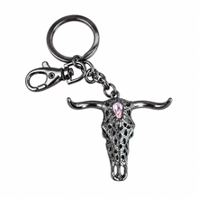 Load image into Gallery viewer, Long horn bull rancher cowboy gun black metal keyring keychain gift. 