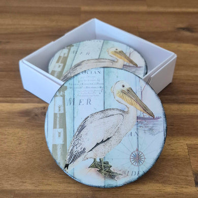Nautical ocean themed round ceramic pelican coasters set of 4 