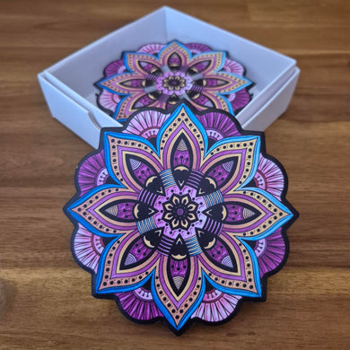 Mandala Coaster Set Of 4 | Colourful Bright Pink Table Coasters | Boxed Set