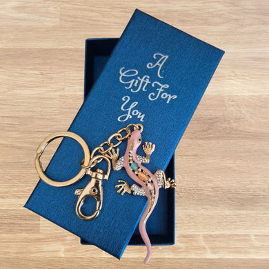Gecko Keyring Boxed Gift | Pink Gecko Gold Coloured Metal Keychain | Good Fortune Gecko