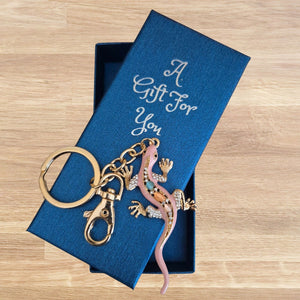 Gecko Keyring Boxed Gift | Pink Gecko Gold Coloured Metal Keychain | Good Fortune Gecko