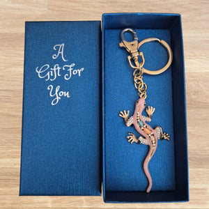 Gecko Keyring Boxed Gift | Pink Gecko Gold Coloured Metal Keychain | Good Fortune Gecko
