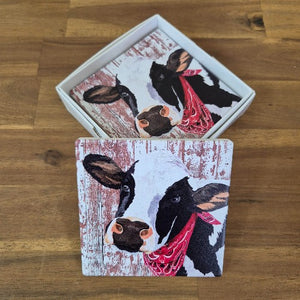 Cow Table Bar Coasters | Red Scarfe Cute Farm Cow Gift | Boxed Set Of 4 Coasters