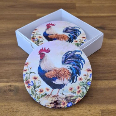 Colourful rooster table ceramic coaster set of 4 boxed gift 