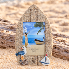 Load image into Gallery viewer, Seaside ocean sand look photo frame. Boat shaped with seagull and sailboat 