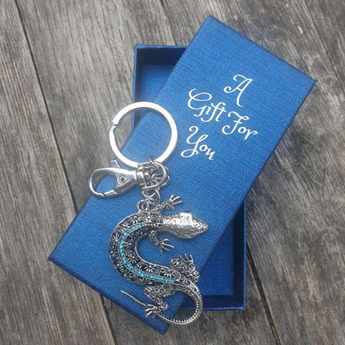Silver & blue gecko keyring keychain bag chain boxed gift 