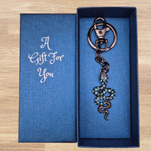 Load image into Gallery viewer, Snake Keychain Boxed Gift | Blue &amp; Gun Black Metal Snake Keyring | Hand Made Bag Chain Gift