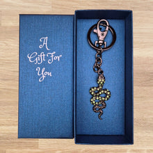 Load image into Gallery viewer, Snake Keychain Boxed Gift | Green &amp; Gun Black Metal Snake Keyring | Hand Made Bag Chain Gift