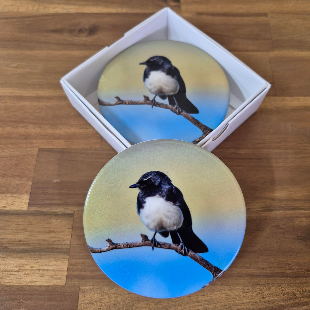 Australian Willy Wagtail Bird Coaster Set | Set Of 4 Ceramic Round Table Coasters