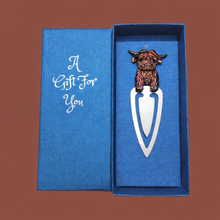 Load image into Gallery viewer, Highlander Cow Metal Bookmark | Cute Brown/Gold Highlander Boxed Gift | Highlander Book Lover Gifts