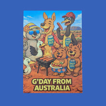 Load image into Gallery viewer, Australiana Funny Postcard Display Stand | 96 Assorted Cartoon Australiana Postcards | Small Wooden Display Stand