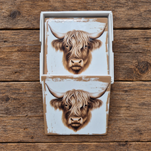 Load image into Gallery viewer, Cow Coasters | Highlander Cow Coasters | Set Of 4 Square Ceramic Table Coasters | White Background