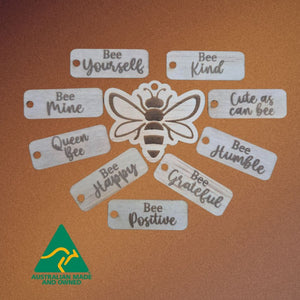 Bee Gifts | Adorable Australian Made Timber Bee Keychains With Assorted Bee Sayings | Display Stand