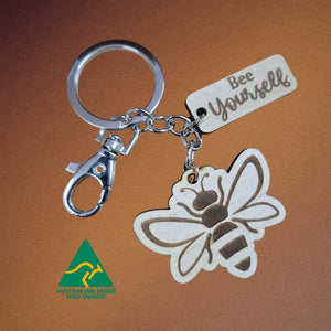 Bee Gifts | Adorable Australian Made Timber Bee Keychains With Assorted Bee Sayings | Display Stand