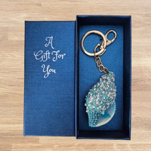 Load image into Gallery viewer, Seaside Shell Boxed Keychain | Large Blue Seaside Shell Bag Charm | Keyring Ocean Gift
