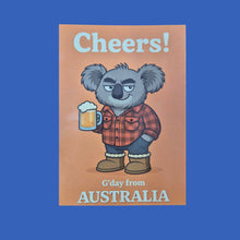 Load image into Gallery viewer, Australiana Funny Postcard Display Stand | 96 Assorted Cartoon Australiana Postcards | Small Wooden Display Stand