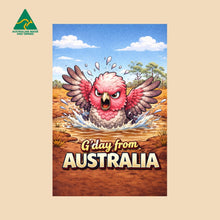 Load image into Gallery viewer, POSTCARD | Naughty Pink &amp; Grey Galah Shenanigans G'day From Australia | Made In Australia Gifts