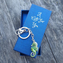Load image into Gallery viewer, Green seahorse keyring keychain boxed gift