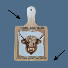 Load image into Gallery viewer, Highlander Cow ( White Backing ) Customer Engraved Cheeseboards | Price Includes 6 Custom Engraved Cheeseboards