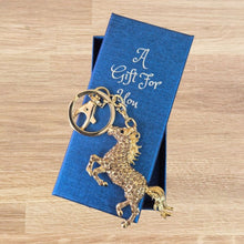 Load image into Gallery viewer, Horse Keychain Boxed Gift | Gold Brown Horse Keyring Bag Chain | Horse Lover Gift