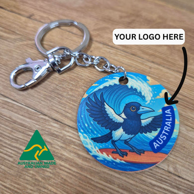 Australian Made Keychain | Australiana Surfing Magpie Character | Custom Add Your Logo