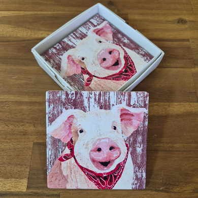 Pig Coasters | Red Scarfe Piggy Ceramic Coaster Set Of 4 Boxed Gift | Pig Lover Gift