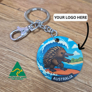 Australian Made Keychain | Australiana Surfs Up Echidna Character | Custom Add Your Logo
