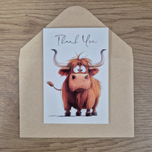 Load image into Gallery viewer, Highlander Gift Cards | Thank You Super Cute Cartoon Image Highlander Cards | Price Per Unit