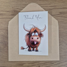 Load image into Gallery viewer, Highlander Gift Cards | Thank You Super Cute Cartoon Image Highlander Cards | Price Per Unit