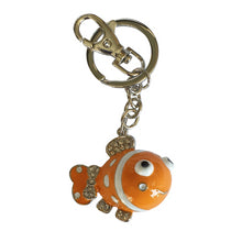 Load image into Gallery viewer, Beautiful Clown Fish hand made keyring / bag chain.  Our very popular clown fish keychain is a great gift for all clown fish lovers.  Silver keychain - Keychain length 12 cm - Bright orange clown fish 4.5 cm - Silver rhinestones - Hand painted - Comes in organza gift bag. 