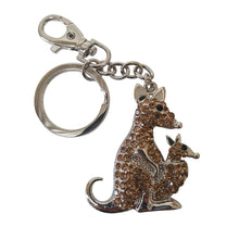 Load image into Gallery viewer, The Kangaroo is one of Australia&#39;s most popular and favorite animals.  Perfect Australia keepsake for tourist, or for all of those Kangaroo lovers.   5 x 13 cm - Silver keychain - keyring - Brown rhinestones - Comes in organza gift bag ( colours will vary )   View our full range of beautiful gifts - Keychains &amp; Gifts Australia. 
