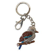 Load image into Gallery viewer, Our beautiful hand made Kookaburra key / bag chains is a beautiful gift for any Australia bird lover.   All key / bag chains come in a beautiful organza gift bag ( Colours will vary ) - Silver keychain - Assorted coloured rhinestones - 4 x 13 cm  View our full range of beautiful gifts - Keychains &amp; Gifts Australia