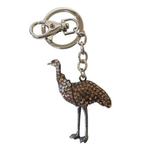 Load image into Gallery viewer, Beautiful hand made Australia Emu key / bag chain boxed gift.  Very popular Australian animal is the perfect gift for any tourist or Emu lover.  Keychain 12.5 x 5 cm - Brown rhinestones - Silver metal keychain - Comes in organza gift bag ( colours will vary ).  View our full range of beautiful gifts - Keychains &amp; Gifts Australia 