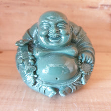 Load image into Gallery viewer, Our beautiful dark green jolly buddha statue is the perfect Feng Shui gift.  This Laughing Buddha sculpture is depicted to carry a Ruyi or scepter, symbolizing power and authority which in turn leads to achievement of goals and subsequent abundance. He holds a string of prayer beads on his other hand for additional blessings.  Gloss finish - 6 x 7 x 6 cm - Resin solid mold - Beautiful details - Dark jade green colour.  View our full range of gifts - Keychains &amp; Gifts Australia