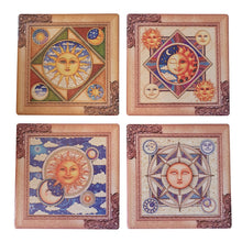 Load image into Gallery viewer, Our beautiful Sun &amp; Moon coaster set come with four different beautiful designs as shown in photo.  Square - Set of 4 - Ceramic - Cork Backing - White Gift Box - 4 different designs - 10 x 10 cm 