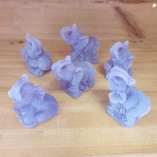 Load image into Gallery viewer, Set of 6 different purple poly resin lucky Elephants - matt finish.   Lucky Elephants represent strength, protection, wisdom and good luck.  Place around your home for lucky home Feng Shui. purple resin statues - Six different statues in set - Stone look finish - average height 5 cm.