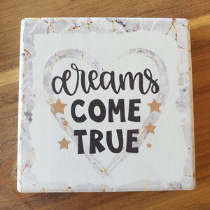 Dreams come true ceramic hanging plaque and matching design 4 set of ceramic boxed coasters.   A beautiful inspirational gift to give some one who's reaching for their dreams or even their dreams have come true.   Coaster diameter - 10cm - Ceramic - Set of four - Cork back - Boxed white gift box with lid  Hanging plaque - 10 x 15 cm plus rope hanger - Ceramic - Cork backing   View our whole shop today for more beautiful gifts - Keychains & Gifts Australia 