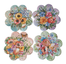 Load image into Gallery viewer, Coasters - Flower Garden Set Of Four Ceramic Coasters.  Four different garden coaster designs shaped as flowers, with butterflies, birds and flowers.  Ceramic with cork backing - Diameter 11 cm - Set of four - Boxed gift - 1 of each design shown - Gloss finish.   View our whole shop today for more beautiful gift ideas - Keychains &amp; Gifts Australia 