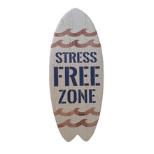 Load image into Gallery viewer, Stress Free Zone - the perfect gift for any house or office. Our beautiful ceramic surf boards can be used as serving plates, attach a hanger and hang on the wall, or just display.  12 x 29 cm - Ceramic - Cork backing - Matt finish - Surfboard shape - Trivet - sign - Plate.  View our full shop for more beautiful gifts - Keychains &amp; Gifts Australia.