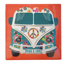 Load image into Gallery viewer, Peace &amp; Love Kombi square coasters - Set of 4 boxed gift (same design ) - 10 x 10 cm - Cork backing - Gloss finish - Ceramic   The perfect gift for Kombi lovers and collectors.  View our whole shop today for more beautiful gifts - Keychains &amp; Gifts Australia 