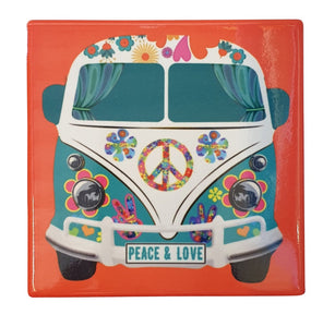 Peace & Love Kombi square coasters - Set of 4 boxed gift (same design ) - 10 x 10 cm - Cork backing - Gloss finish - Ceramic   The perfect gift for Kombi lovers and collectors.  View our whole shop today for more beautiful gifts - Keychains & Gifts Australia 