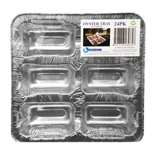 Load image into Gallery viewer, The Eazy Azz Oyster Tray avoids double handling in the kitchen, making it time efficient and convenient for oysters lovers everywhere.  They can be used in most social situations including BBQ’s, camping, events and any kitchen. After use, wash and place in the recycle bin.  24PK of our quality aluminum cooking trays, making your favorite recipes easier to cook. No mess, no loss of juices and sauce and ready to serve up in the tray.