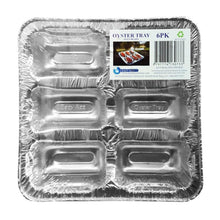 Load image into Gallery viewer, The Eazy Azz Oyster Tray avoids double handling in the kitchen, making it time efficient and convenient for oysters lovers everywhere.  They can be used in most social situations including BBQ’s, camping, events and any kitchen. After use, wash and place in the recycle bin.  6PK of our quality aluminum cooking trays, making your favorite recipes easier to cook. No mess, no loss of juices and sauce and ready to serve up in the tray. 